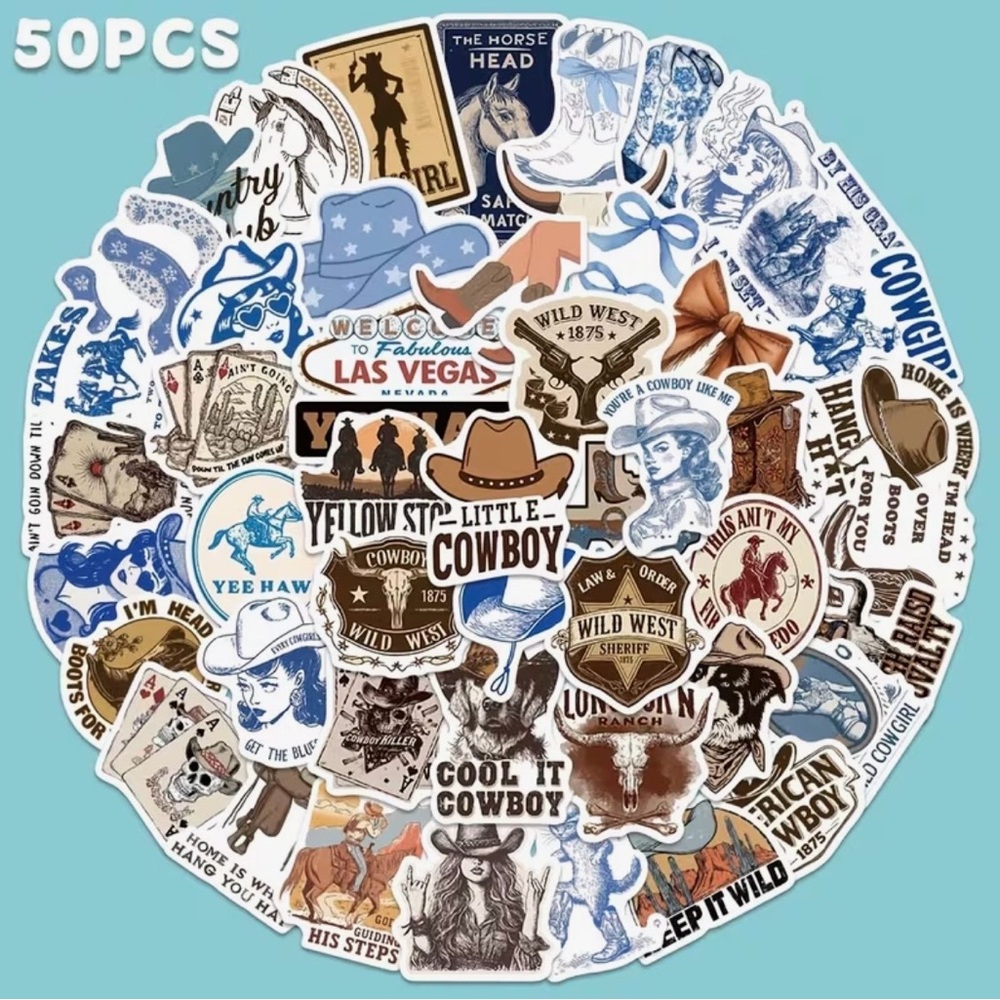 50 Western Cowgirls Stickers Blue Brown - Picture 10 of 14